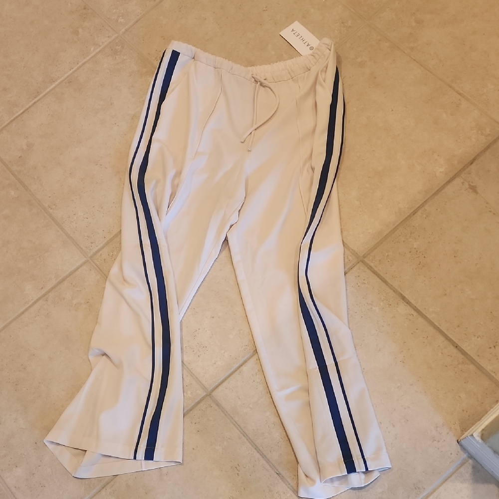 Athleta Cream Track Pants with Navy Side Stripes